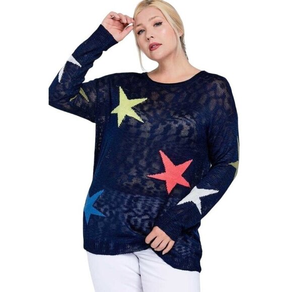Star-Patterned Navy Sheer Knit Sweater - Women's Layering Boyfriend Sweater 1X - Picture 1 of 1